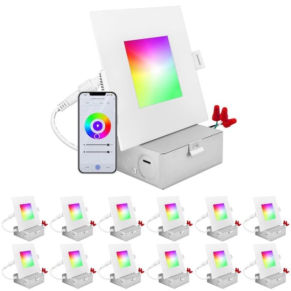 Luxrite 4 Inch Square Smart LED Recessed Lights RGBW Wifi App and Voice 10.5W 700LM No Hub Required, 12PK LR22742-12PK - main